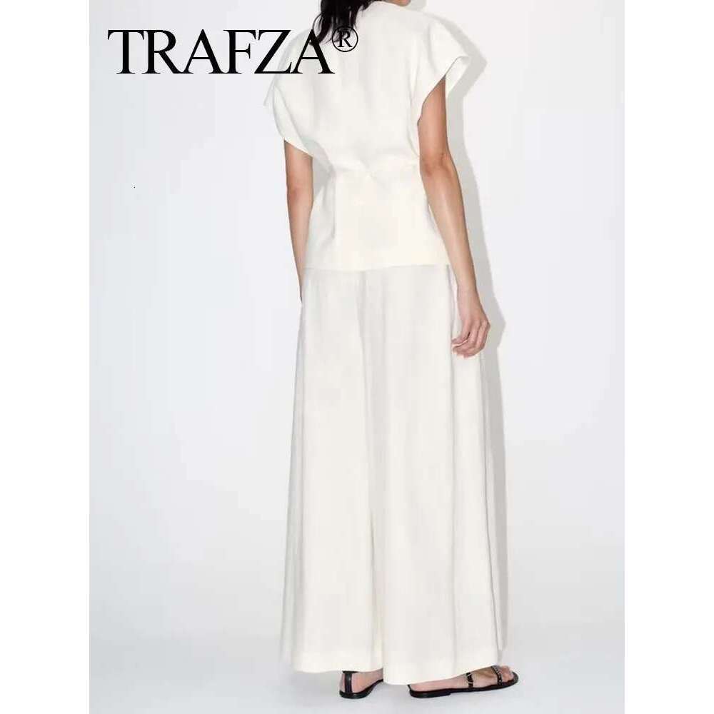 TRAFZA Women Solid 2 Piece Elegant Lace Up Vest Pants Sets V Neck Sleeveless Blouse Wide Leg Trousers 2024 Office Lady Outfits