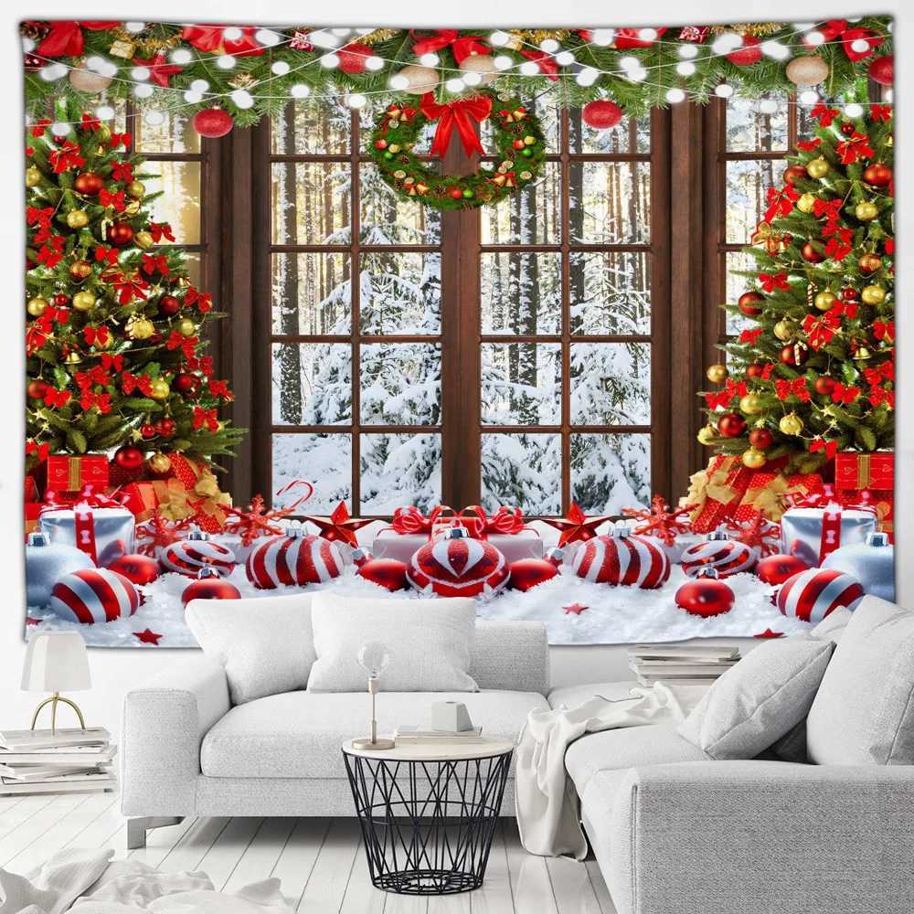Christmas Tapestry Xmas Tree Gifts Outside Window Winter Forest Cedar Snowflake Landscape Home Living Room Decor Wall HangingM251125