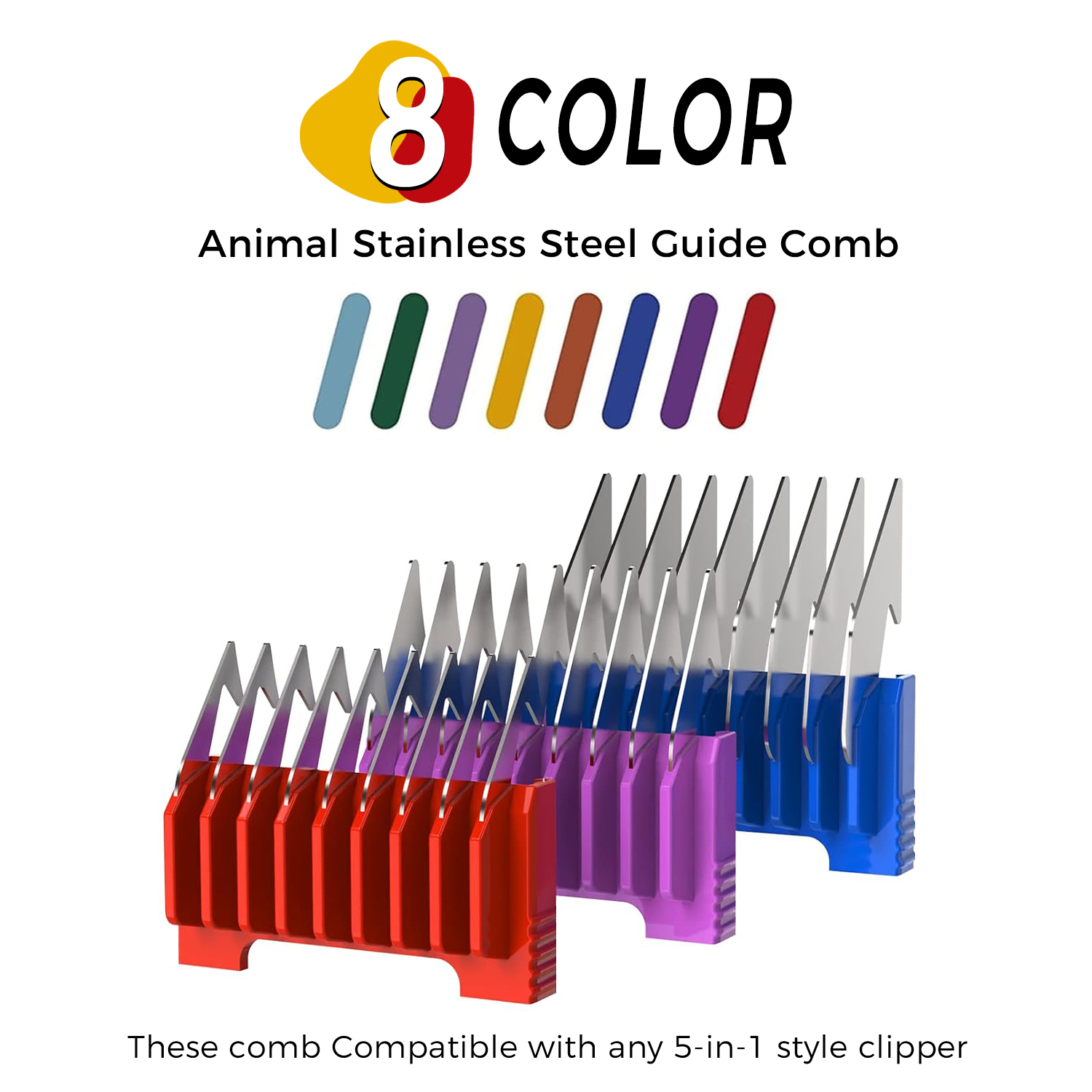 KBDS Animal Stainless Steel Attachment Guide Comb Set for 5-in-1 Detachable Blade Pet, Dog and Cat Clippers (Not compatible with A5 style Detachable B