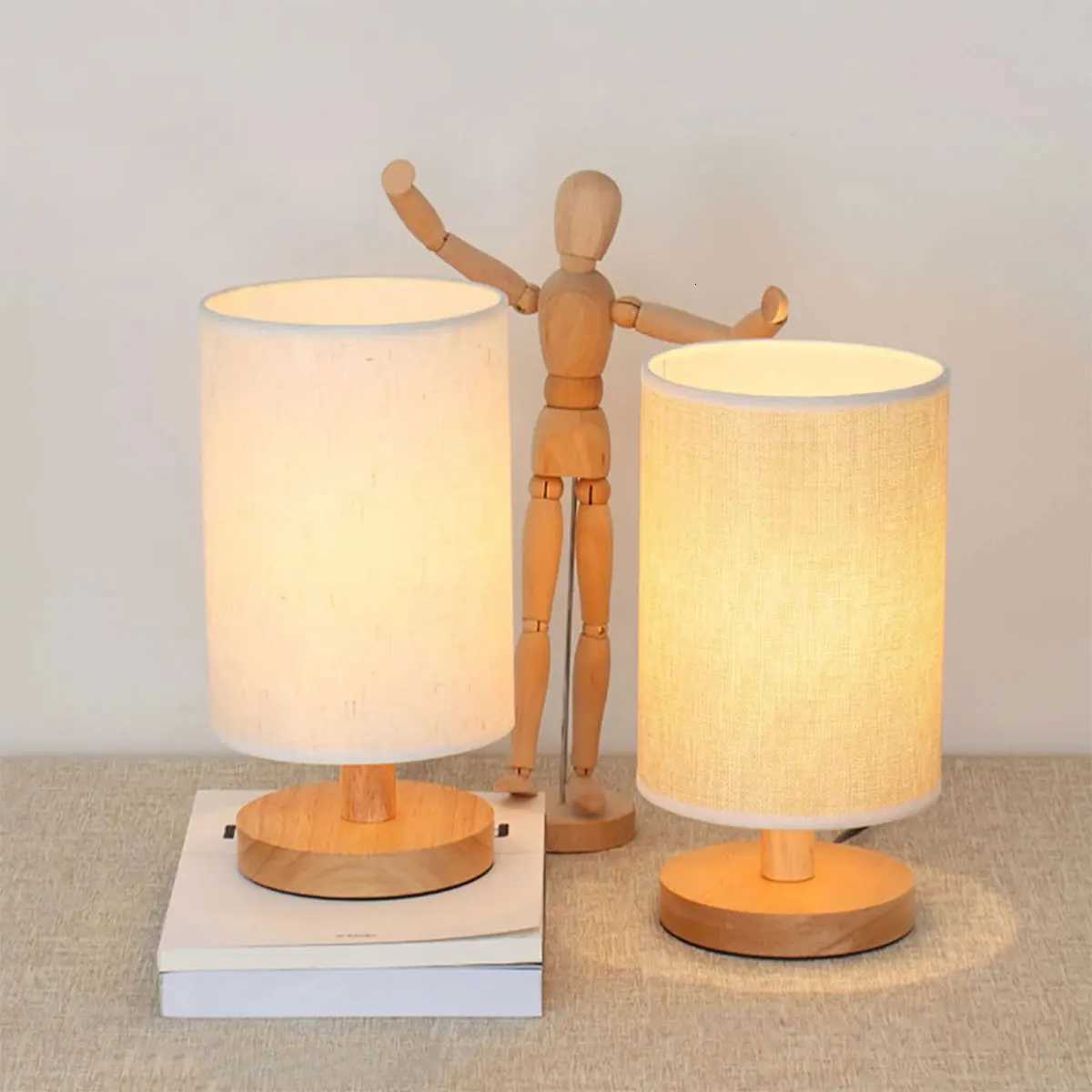 USB Bedside Lamp Night Lights Table Lamp For Bedroom Wooden Desk Lamp Bedside Night Light with Cylinder Lamp Shade Home DecorM251125