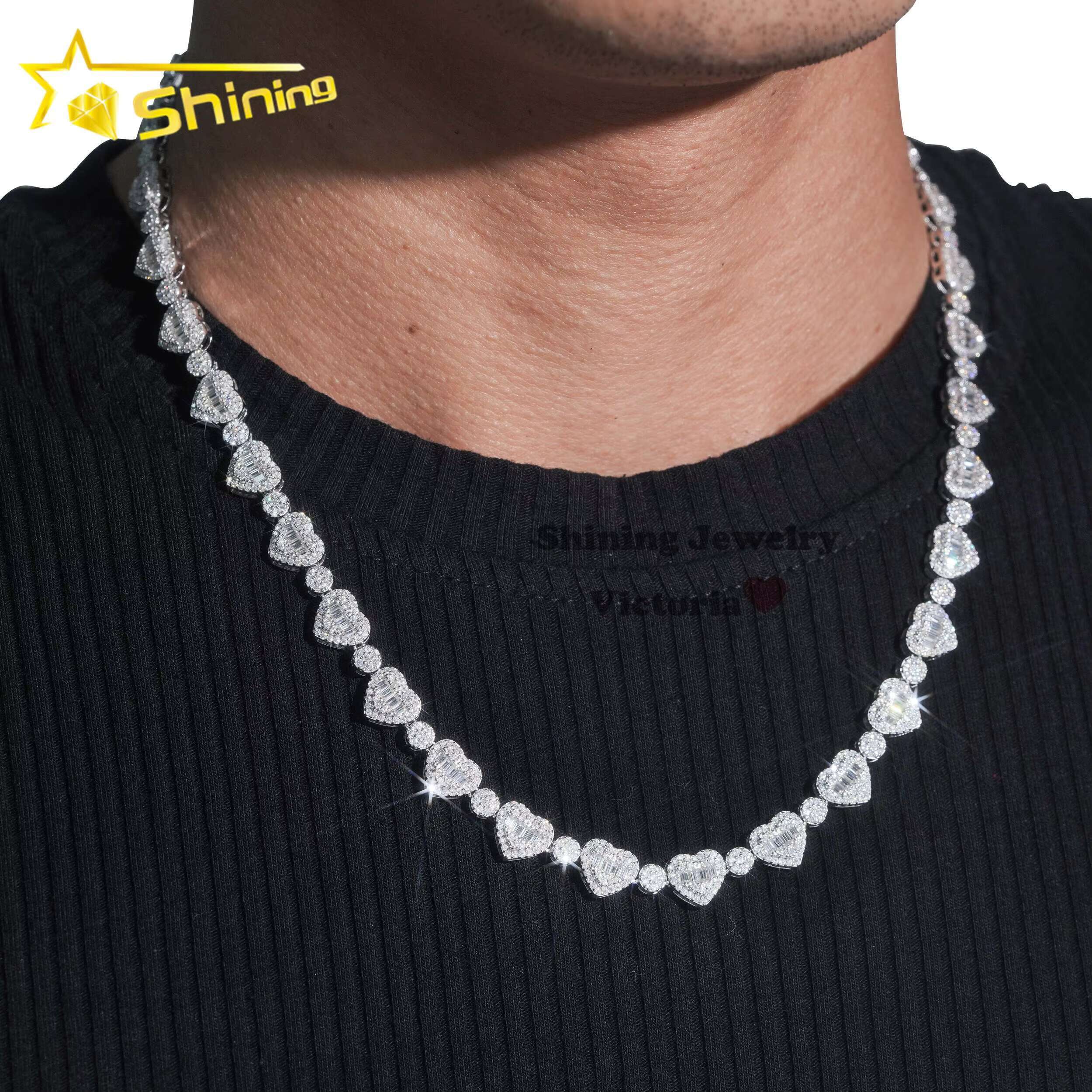 GRA Pass Diamond Tester S925 Moissanite Necklace Iced Out 8MM VVS Baguette Moissanite Diamond Heart Shaped Tennis Chain Bracelet