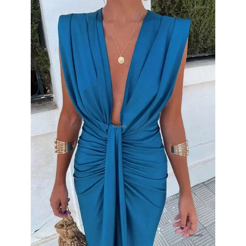 Chic Shoulder Pad Pleated Midi Dress Women Elegant Deep V-neck Sleeveless Split Slim Dresses Summer Lady Evening Party Robe 240601