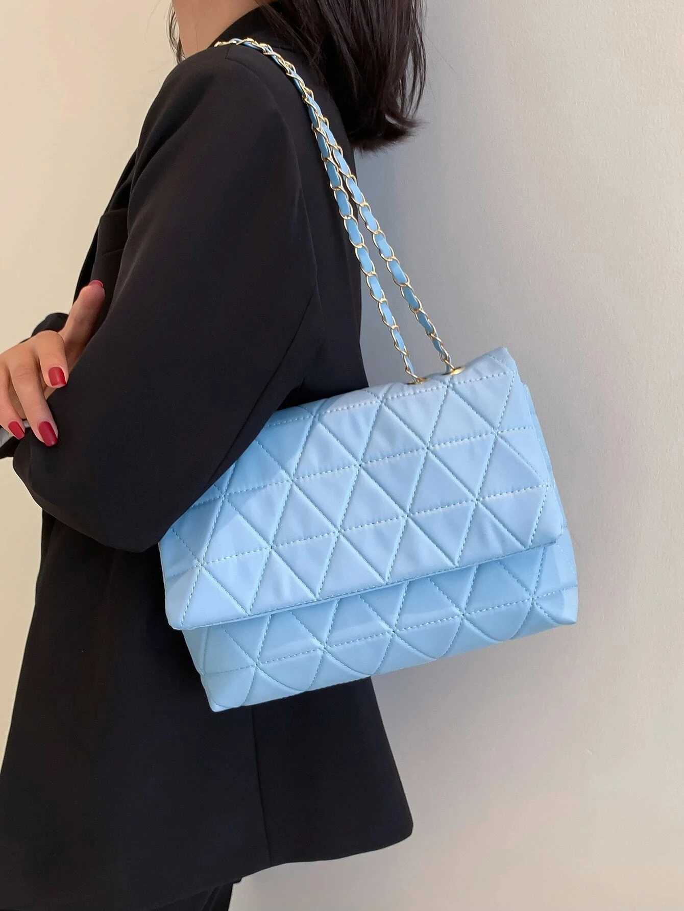 Fashionable blue Pu flip bag gold large capacity niche geometric handbag womens handbag embroidered threaded metal chain shoulder bag W250421