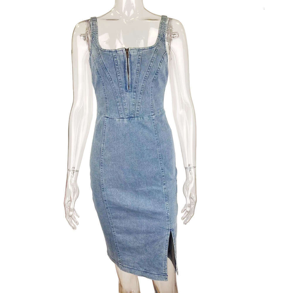 summer European and American short sleeved U-neck camisole vintage style denim dress, 2025 new casual versatile fashion clothing