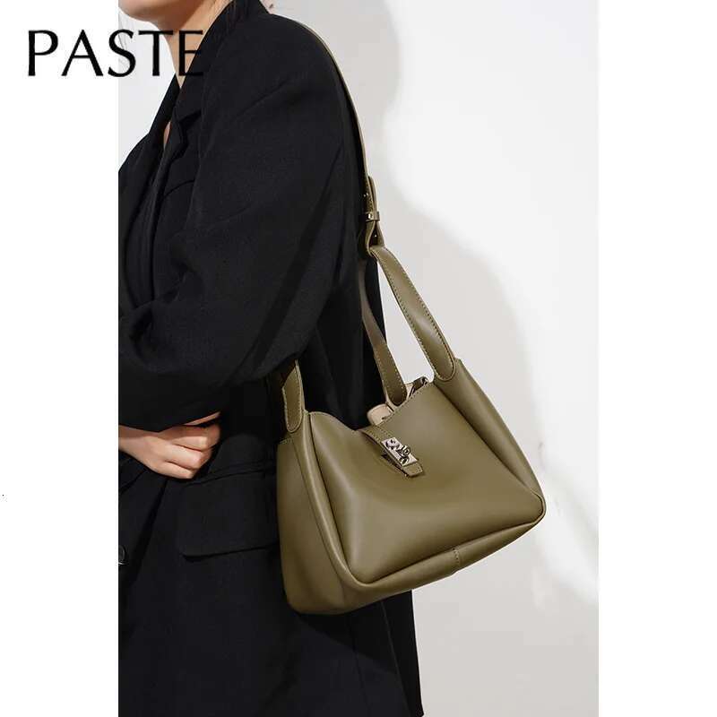 Just One Simple Basket Tote Niche Lazy Style Color Cowhide Leather Women Handbag Shoulder Bag Green