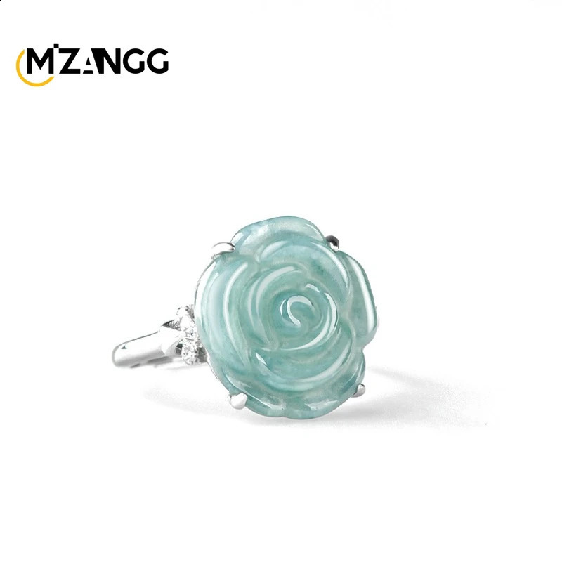 S925 Silver Set Myanmar Jadeite Blue Water Rose Ring Ice Jade Adjustable Female Ring Fashion Fine Jewelry Wedding Party Gift 250425