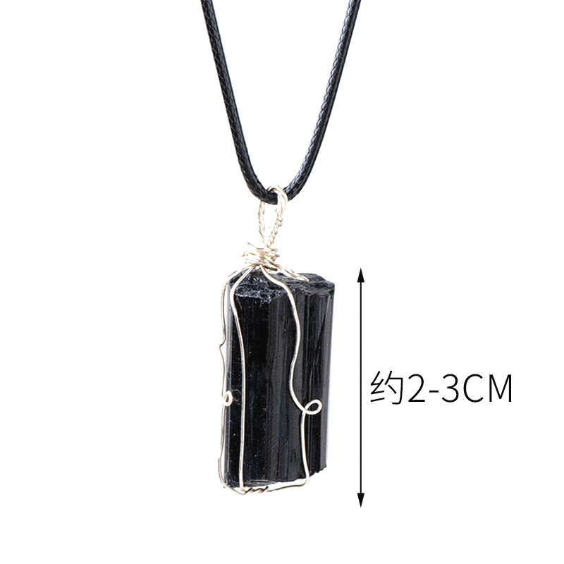 JLN Rough Black Tourmaline Wire Wrapped Pendant Raw Jet Stone With Wax Rope Chain Necklace Gift For Men Women