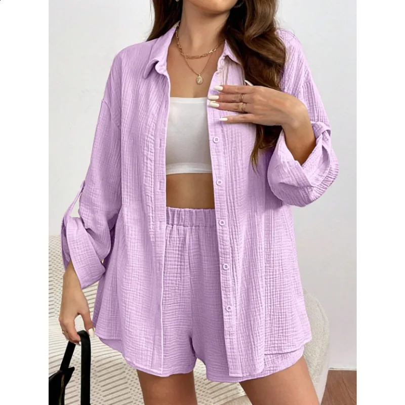 Solid color casual loose womens shorts set elegant summer womens two-piece set full set womens clothing 250422