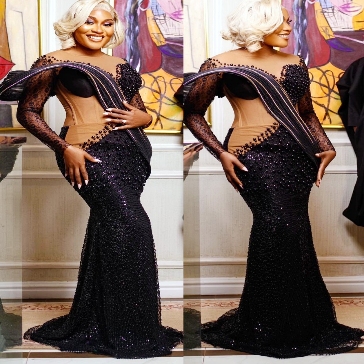 Black Mermaid Plus Size Prom Dresses 2025 Illusion Pearls Sequined Eelgant Evening Formal Party Second Birthday Engagement Gowns Dress For Special Occ