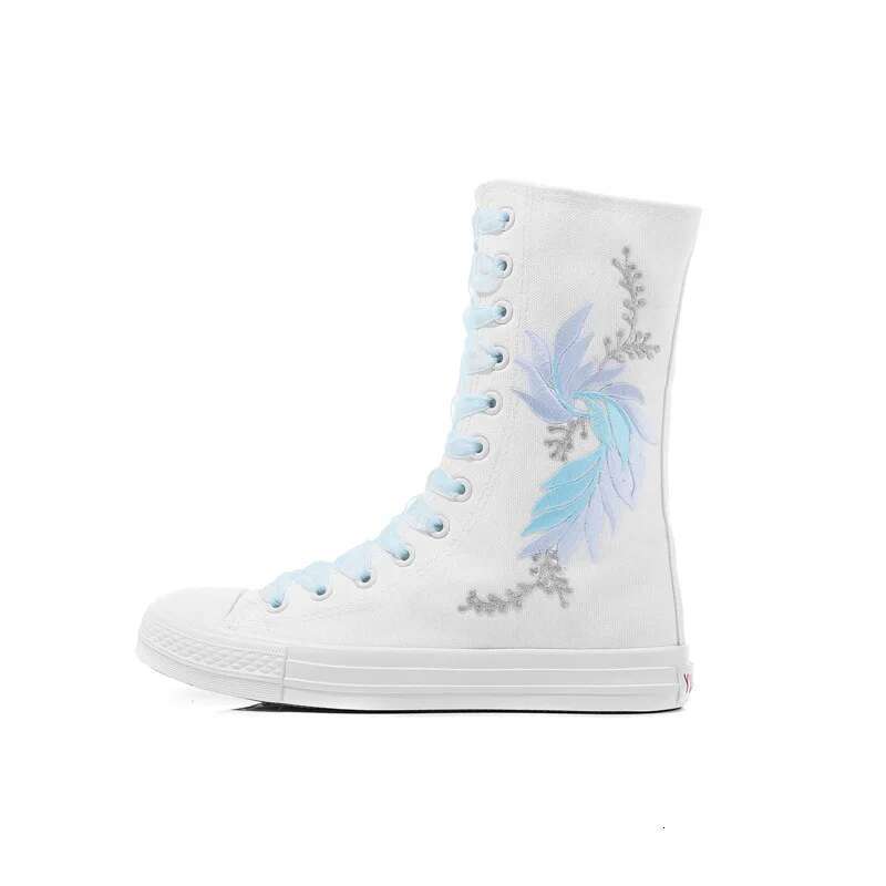 Spring new color lace-up side zipper medium tube embroidered canvas flat inner heightening casual large size women's shoes