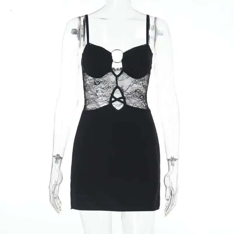 Dongdumaoyi Townlike Lace Patchwork Slim Bodycon Dress Women Spaghetti Strap Mini Spring Summer Nightclub Sexy Party Dresses