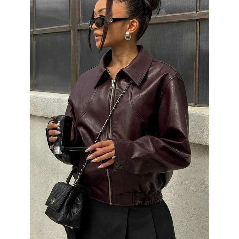 Faux Leather Short Jacket For Women Zipper Long Sleeve Lapel Moto Biker Street Coats Female 2024 New Chic Outwear Top