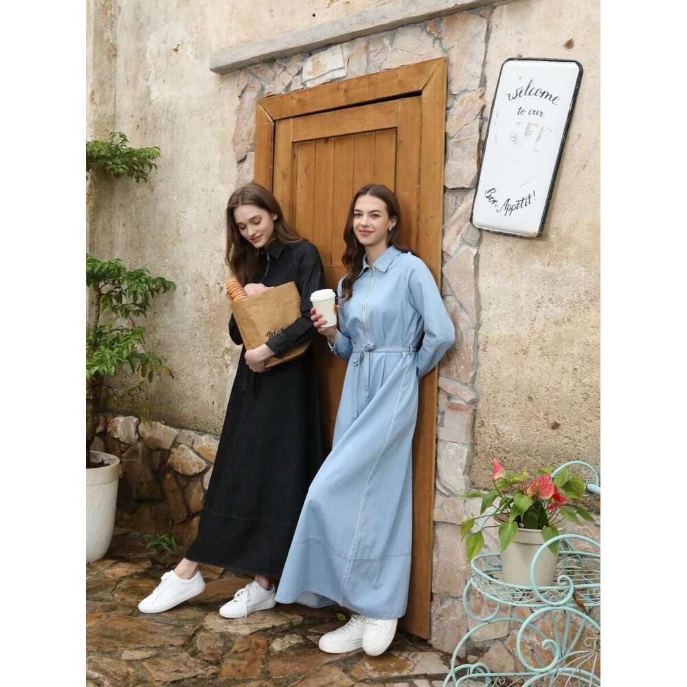 AS 2025 Light Dress 100% Cotton Soft Denim Zipper And Removable Belt Woman Clothes