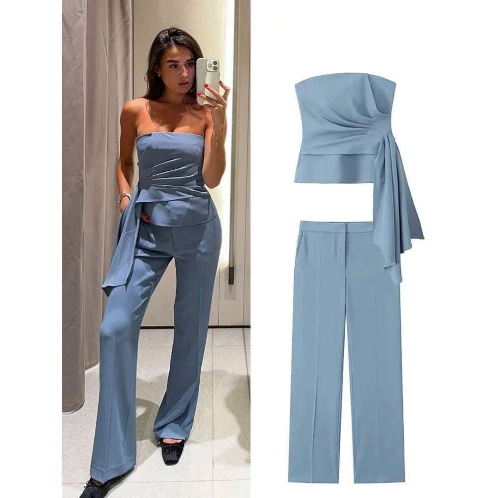 ZBZA Women's Pleated Lace-Up Pants Suit Sexy Hidden Zipper Top High-Waist Double-Pocket Straight-Leg Trousers Summer New Set