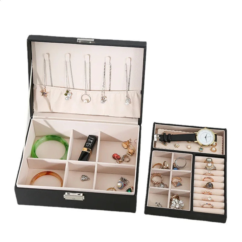 Double-layer Wooden Jewlery Box Ring Box Jewelry Boxes and Packaging with PU Leather Jewelry Storage Organizer and Makeup Case 250424