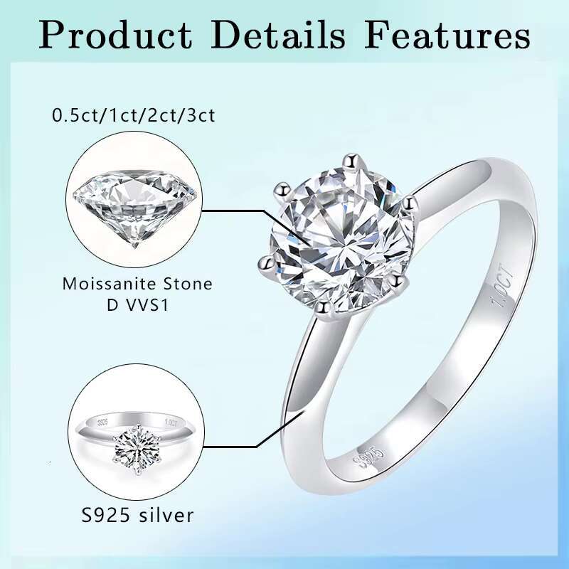 0.5ct 1ct 2ct 3ct D VVS1 Moissanite Jewelry 925 Sterling Silver Engagement Cheap Ladies Rings