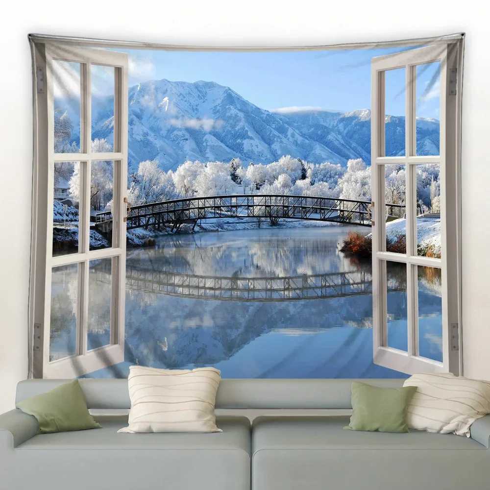 Window Outside Snowflake Forest Tapestry Winter Landscape Tapestries Wall Hanging Home Art Decor Blanket for Bedroom Living RoomM251125