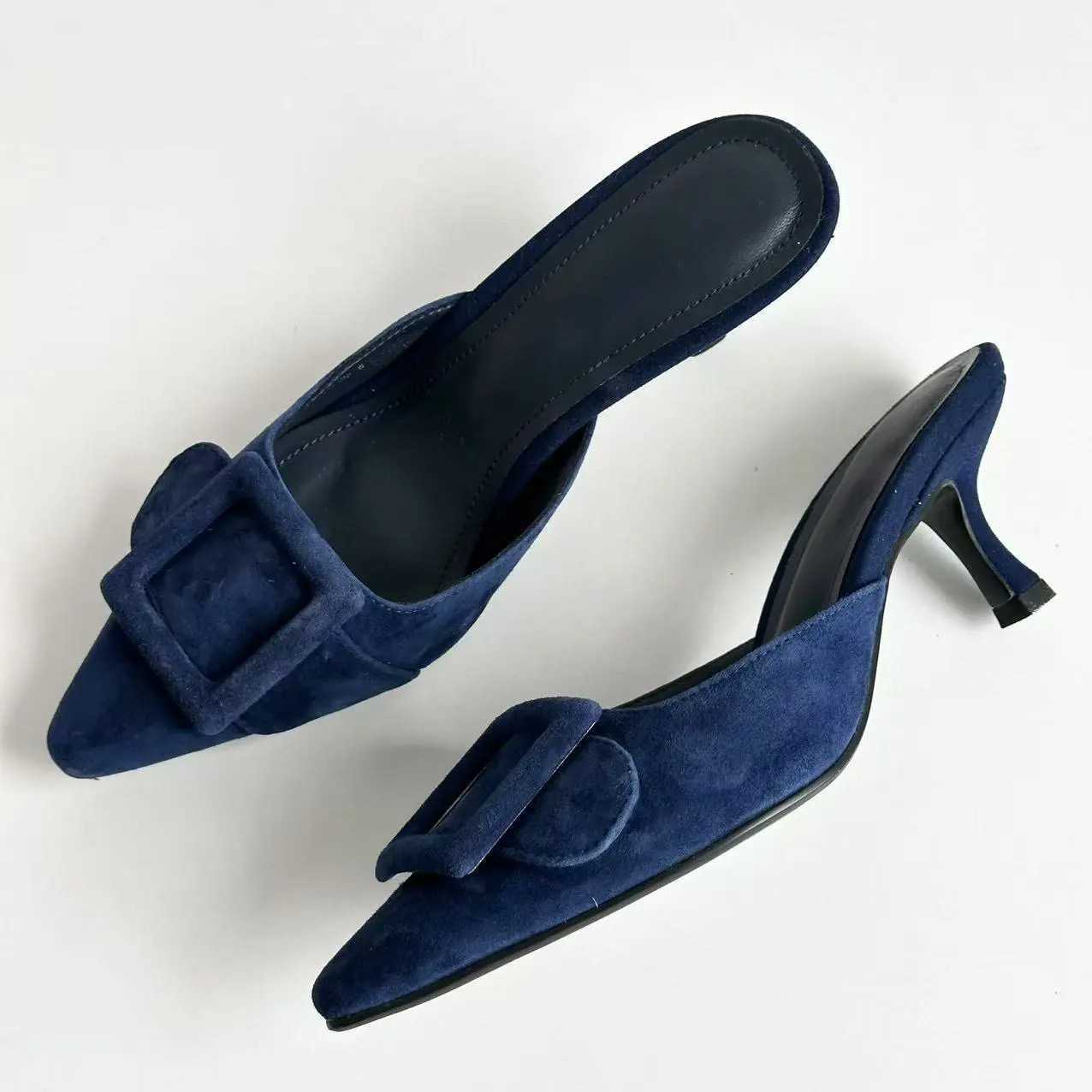 2024 New Mler Shoes Wens Shallow Mouth Pointed Toe Middle Heel Square Buckle Stiletto Baotou Wens Half Slippers Z250305
