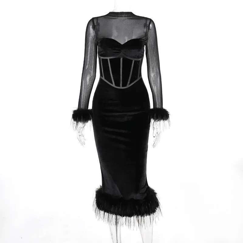 Dongdumaoyi Townlike Patchwork Mesh Velvet Christmas Dress Women Autumn Winter Elegant Midi Long Slim Bodycon Sexy Party Dresses