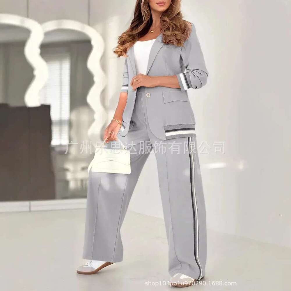 Spring Fashion Casual Loose Button Suit Wide Leg Pants Two Piece Set Women