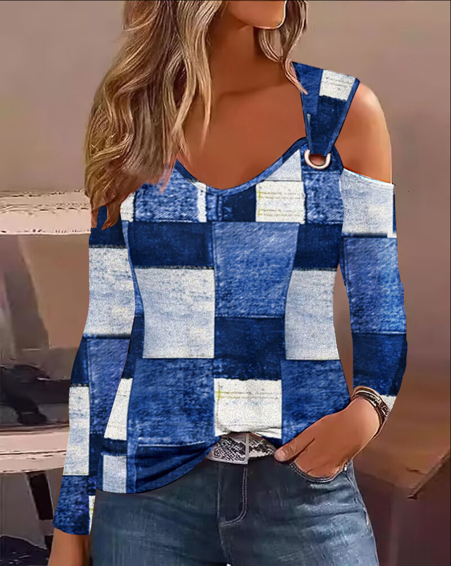 2023 autumn simple metal buckle V-neck shirt womens round neck shirt