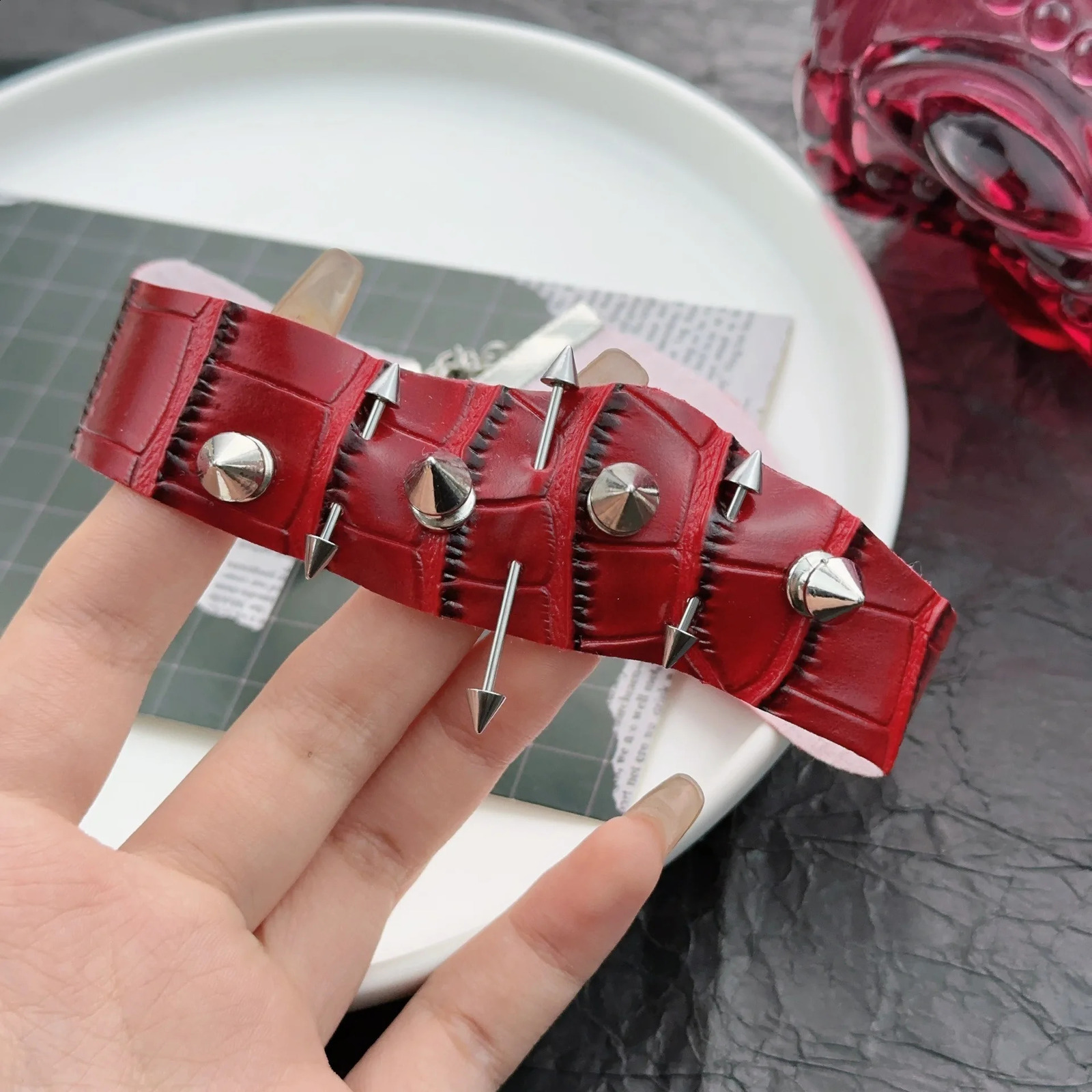 Vintage necklace Gothic Satan necklace dark tie irregular Burgundy leather riveted necklace border jewelry pendant necklace gift 250422