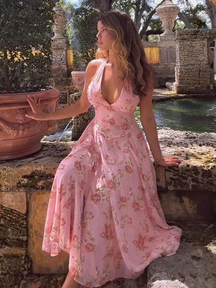 Dongdumaoyi Townlike Floral Print Waist Wrap A Line Dress Women Halter Summer Backless Sexy Party Elegant Midi Long Dresses
