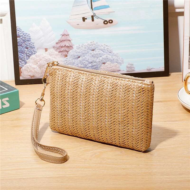 Weaving Fashion Ladies Wristlet Women Daily Money Phone Clutch Solid Straw Woven Coin Purse Beach Wallet Card Bag