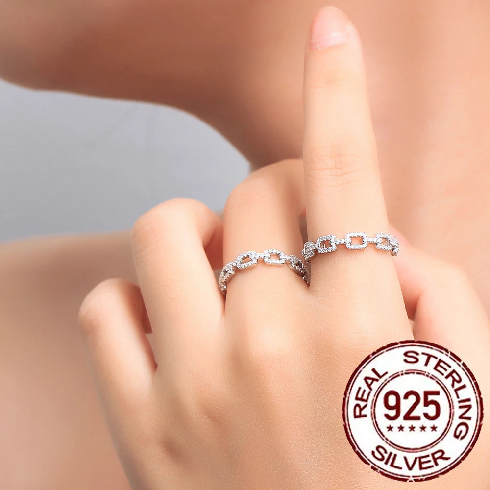 CWWZircons 925 Sterling Silver Trendy Cuban Link Chain Finger Rings for Women White CZ Fine Party Accessories Jewelry Gift SR011 250425