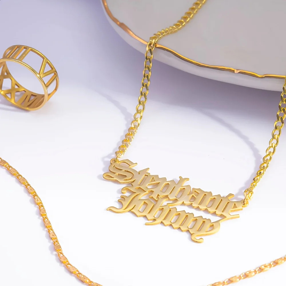 Customized Double Name Old English Necklaces For Women Personalized One To Two Nameplate Necklace Couple Gift Her 250425