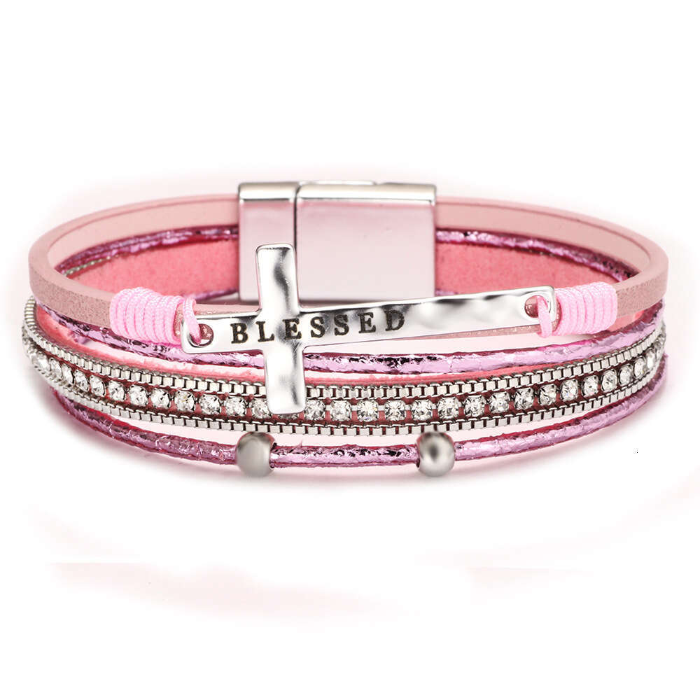 Jewelry Bohemian Cross Light Micro Set Dia Magnetic Buckle PU Leather Bracelet