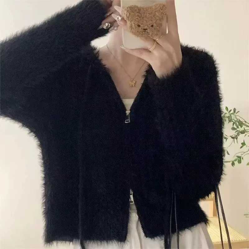 Hooded Knit Cardigan for Women Long Sleeve Fuzzy Zip Up Knit Crop Sweater Jacket Fall Winter Teen-girl Y2K Acubi OutfitT251125