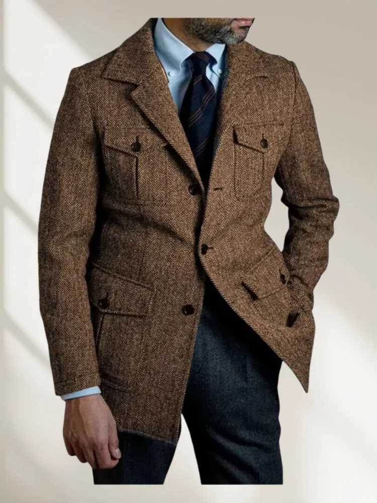 Hunting Suit Jackets For Man Winter Vintage Herringbone Tweed Male Blazer Casual Men Sport Coat Work Wear Plus Size Slim Fit NewT251125