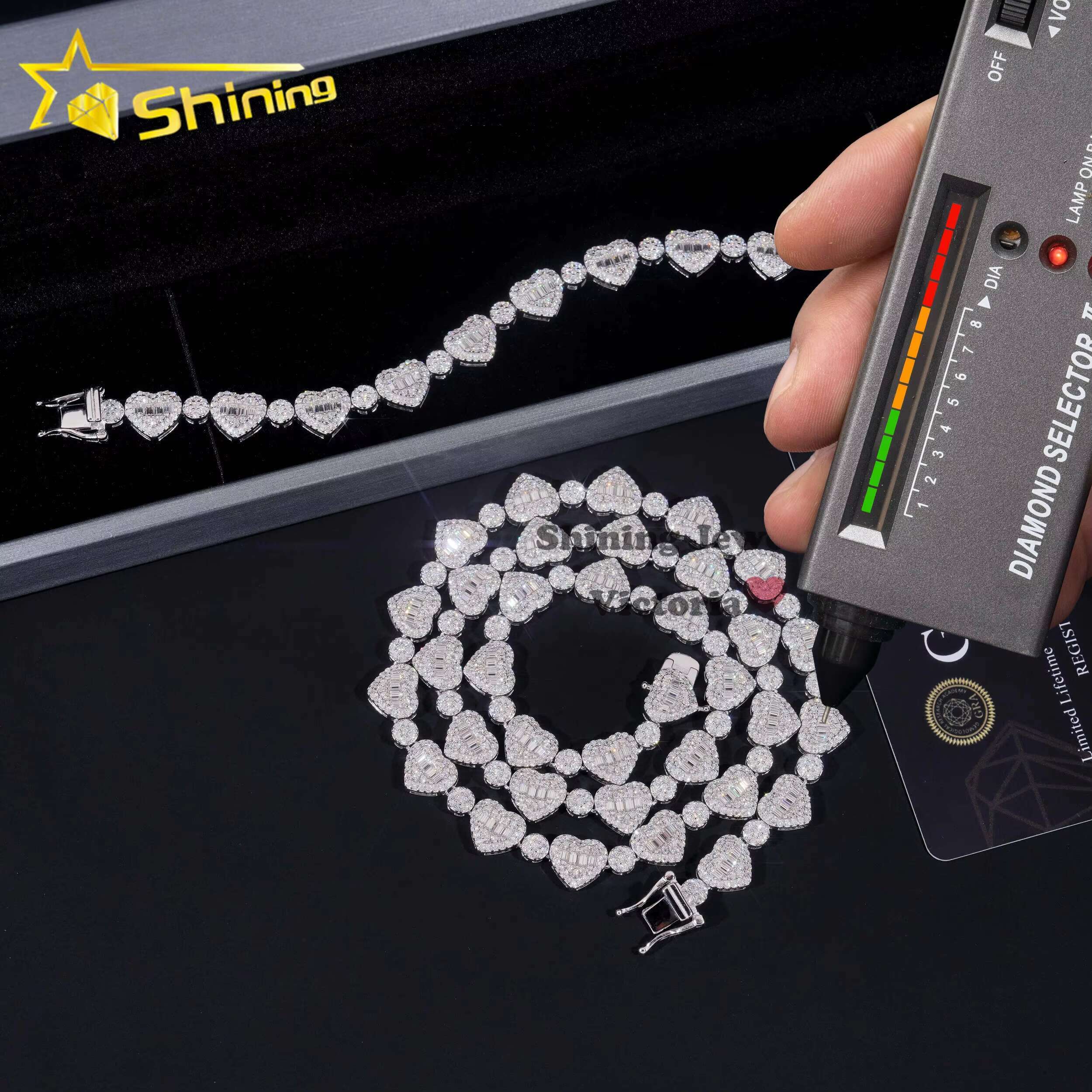 GRA Pass Diamond Tester S925 Moissanite Necklace Iced Out 8MM VVS Baguette Moissanite Diamond Heart Shaped Tennis Chain Bracelet