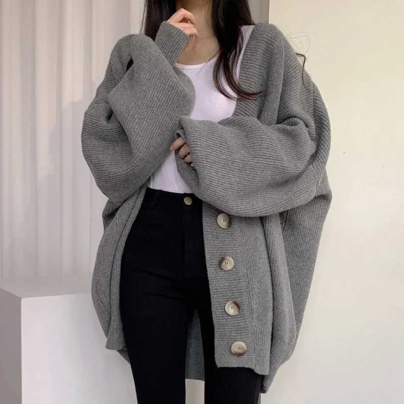 New Autumn Elegant Knitwear Winter Fashion Womens Clothing Casual V-neck Loose Lantern Sleeve Knitted Cardigan SweaterT251125