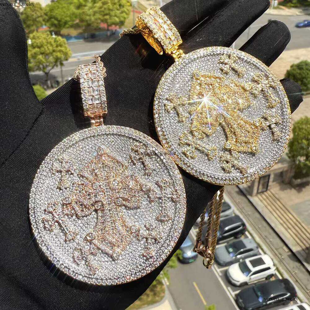 Ice out VVS Moissanite In Stock Heavy Round Pendant Layered Seven Cross Two-tone Fashionable Men's Hip-hop Jewelry Necklace