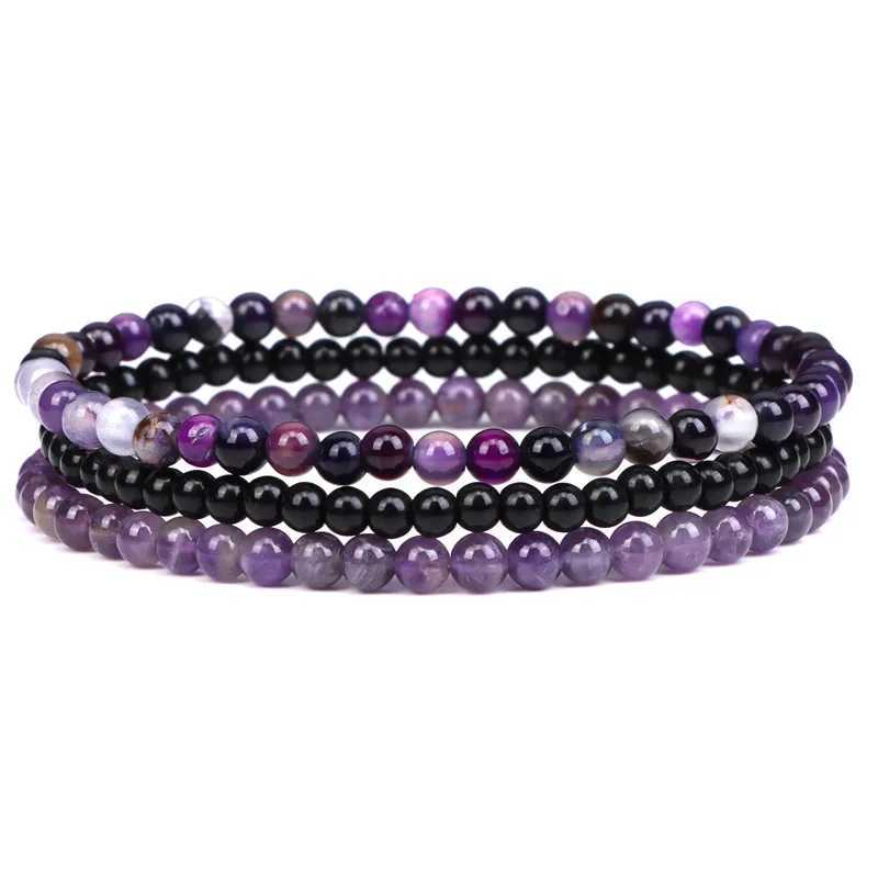 3pcs Amethysts Purple Agates Elastic Bracelets For Women Men Natural Stone Tiger Eye Black Onyx 4mm Beads Bracelet Set Jewelry J251125