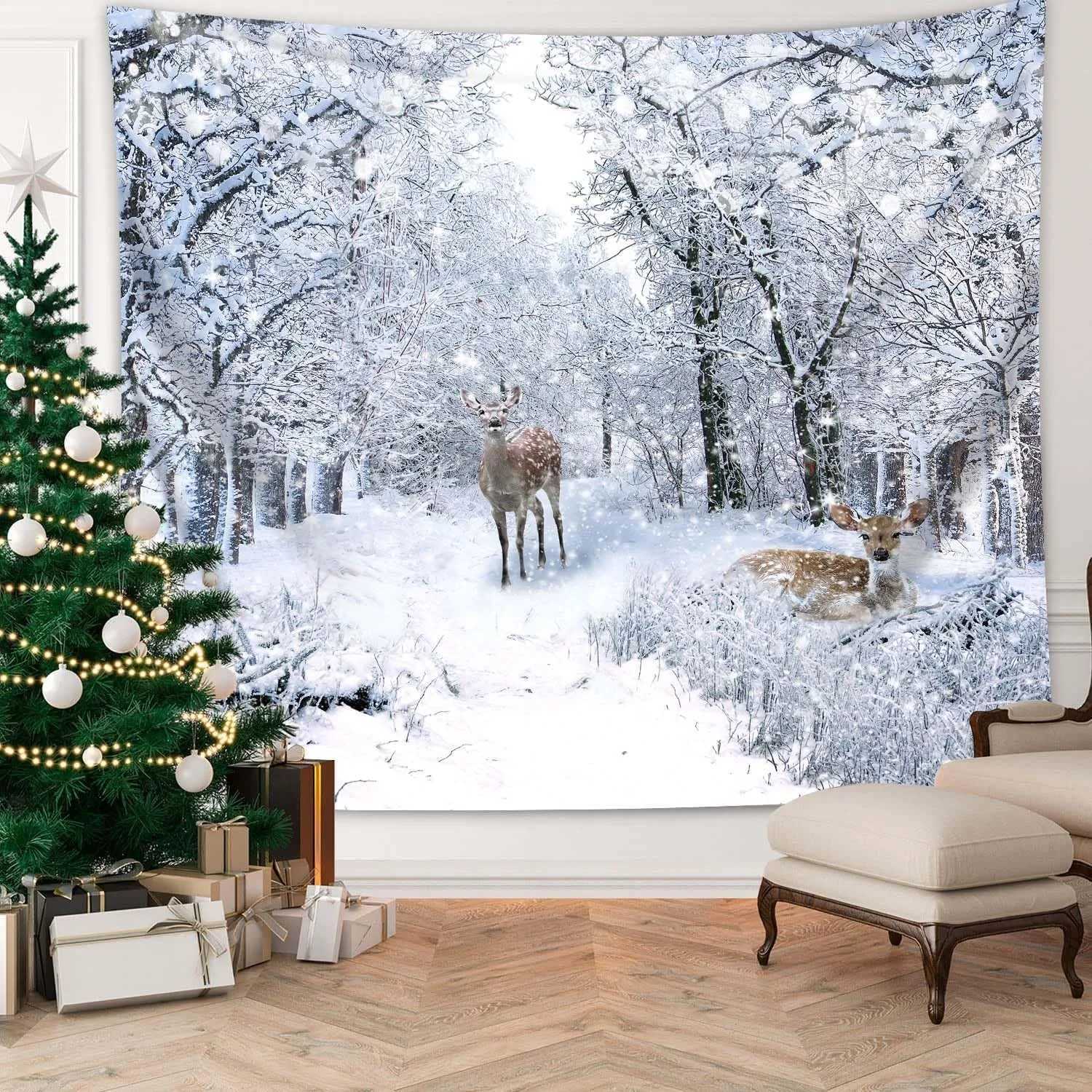 Winter Snow Scenery Forest Christmas Decoration Print Tapestry Christmas Party Decoration Banner Home Studio Wall Mounted DecoraM251125