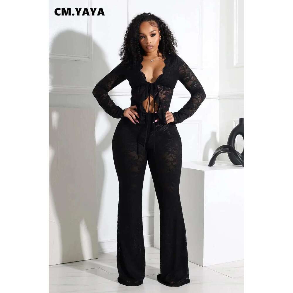 Cm.Yaya 2025 Women's Set Sleeve Lace See Through Shirt + Long Pants Street Evening Sexy Two 2Piece Sets Outfits Tracksuit