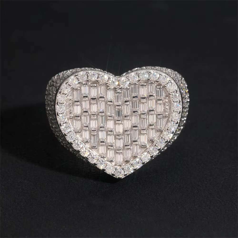 Baguette Silver Plated Hip Hop Style VVS Moissanite Jewelry Heart Shape Custom Iced Out Ring 925 Silver Diamond Rings Women Men