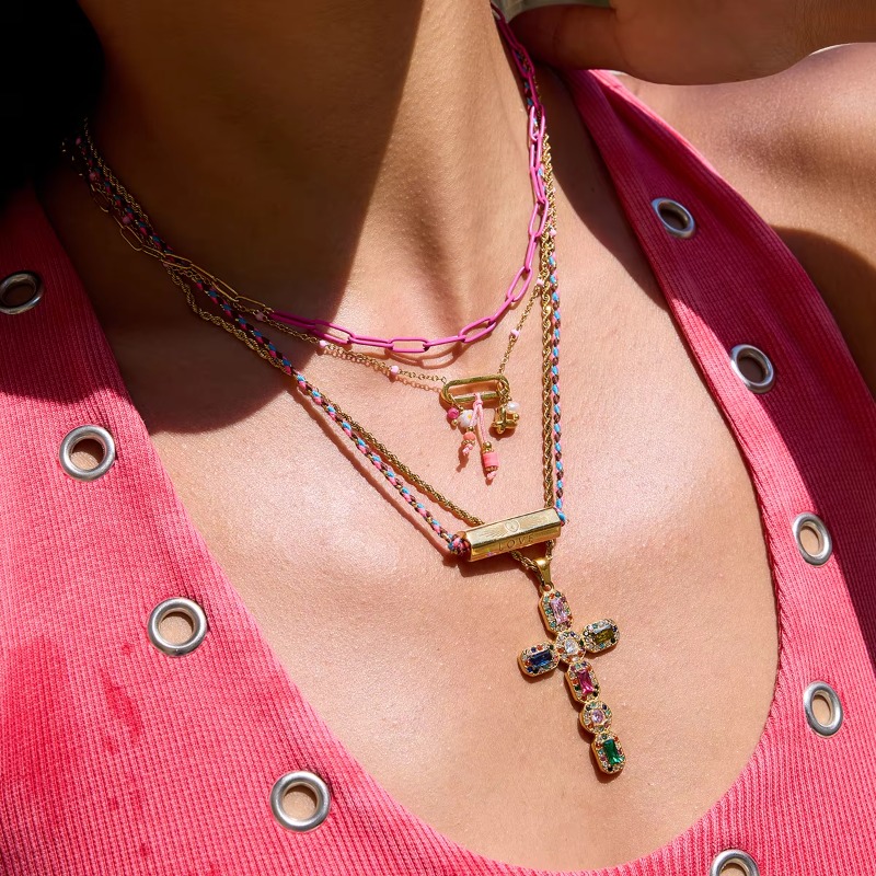 Designer Jewellery Mother of Pearl Hexagon Engraved Cross Pendant Necklace Colorful Rope Dainty Love Theme for Special Occasions Gift Textured Elegant