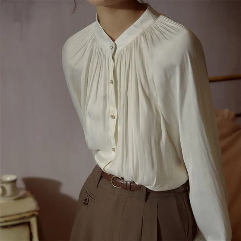 Womens shirt with white lantern sleeves retro pleated satin shirt summer autumn long sleeved loose office womens top 250418