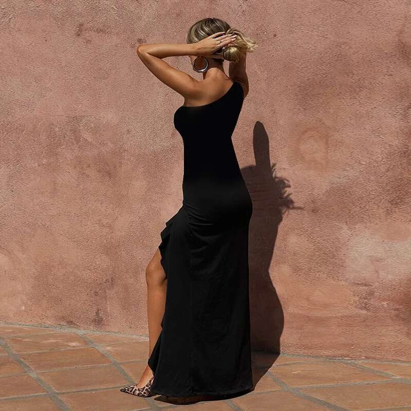 Dongdumaoyi Townlike Ruffles Asymmetrical Maxi Long Dress One Shoulder Spring Summer High Split Nightclub Sexy Party Dresses