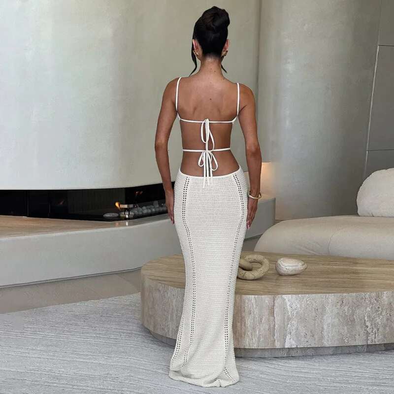 Dongdumaoyi Townlike Knitted Elegant Maxi Long Dress Women Spaghetti Strap Summer Backless Sexy Party Slim Bodycon Dresses