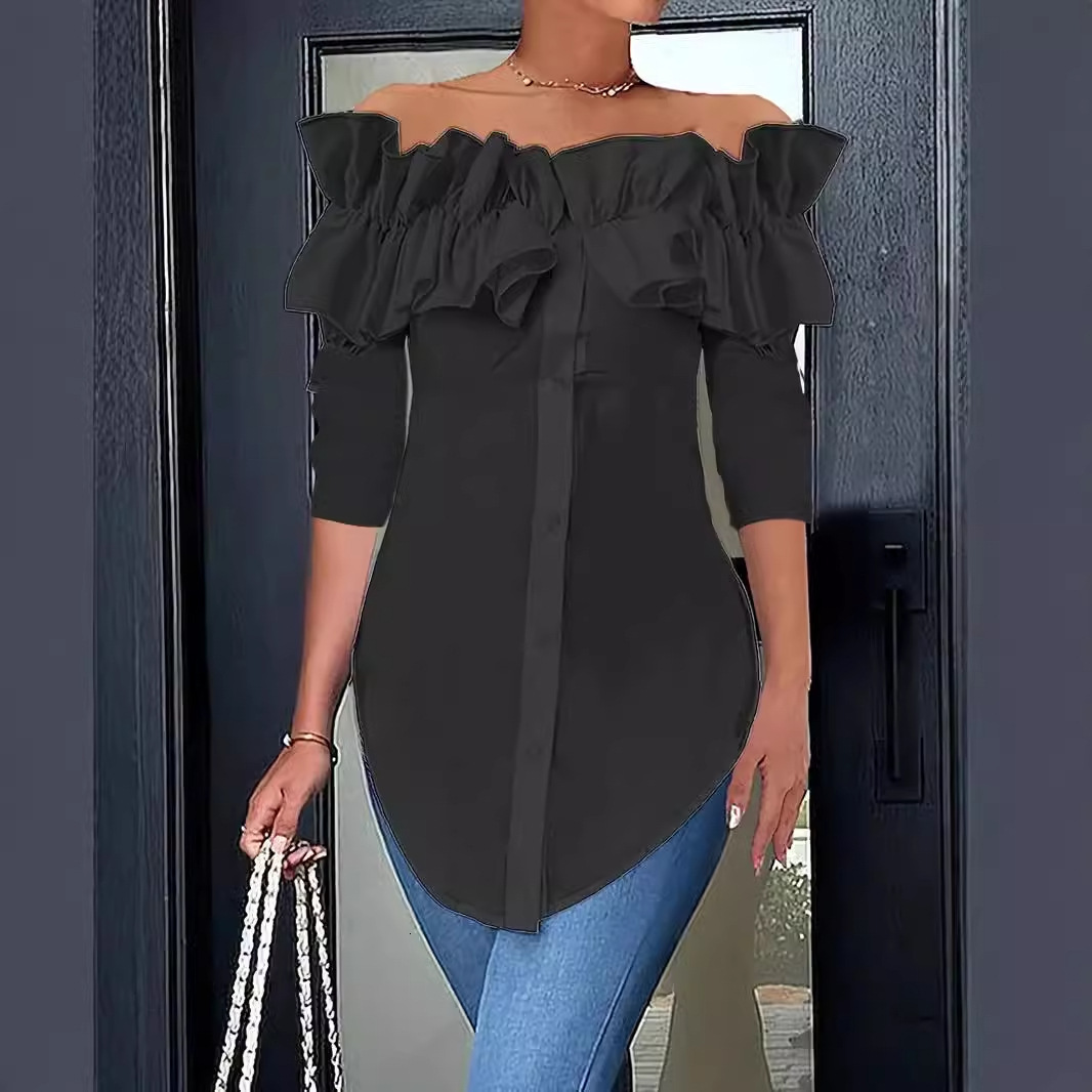 2024 autumn simple solid color one shoulder lotus leaf edge shirt top for women
