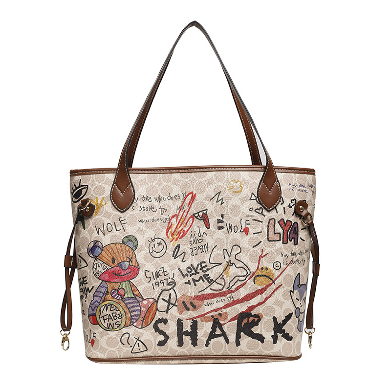 Designer bag free shipping 2025 fashionable high-end texture printed teddy bear graffiti tote bag handbag large capacity shoulder bag for womens