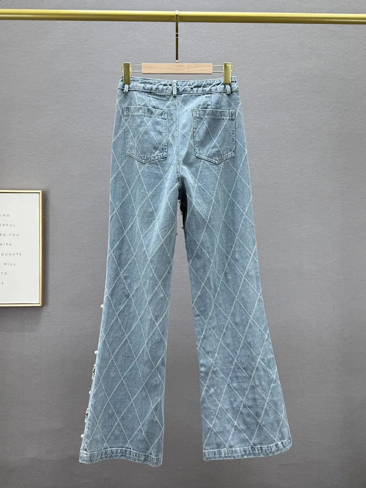 Womens jeans high waisted embroidered flame plain pearl straight bead pendant jeans fashion for autumn 250422