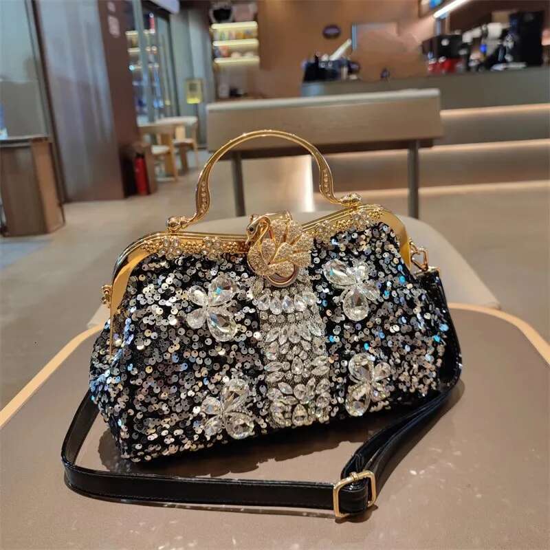 Spring new crystal sequin metal buckle handbag banquet dress daily large-capacity one-shoulder cross-body leather women's bag