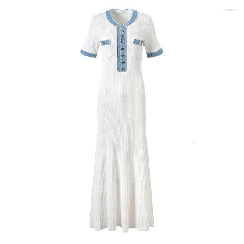 Basic & Casual Dresses Elegant V Neck Denim Patchwork Knit Maxi Fashion Short Sleeve Button Slim Dress Office Ladies Pocket Robe