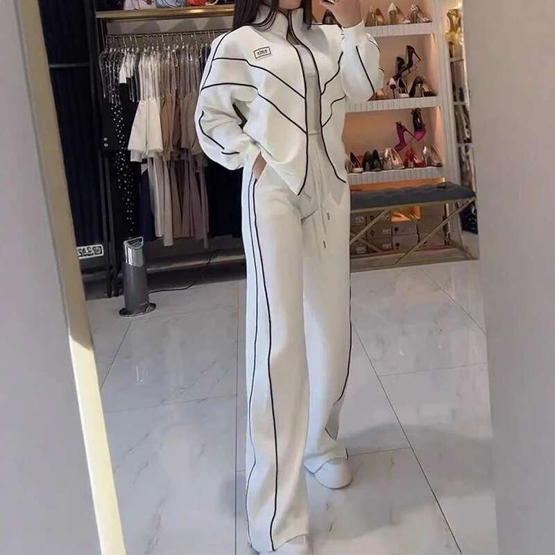 Spring Autumn Two-Piece Women Stand-Up Collar Long Sleeve Zipper Coat+High Waist Lace Up Straight Wide Leg Pants Set Outfits